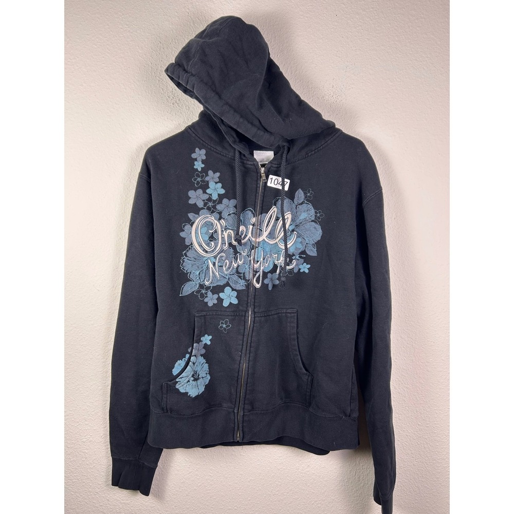 O'Neill New York Womens XL Black Floral Graphic Full Zip Hoodie Sweatshirt